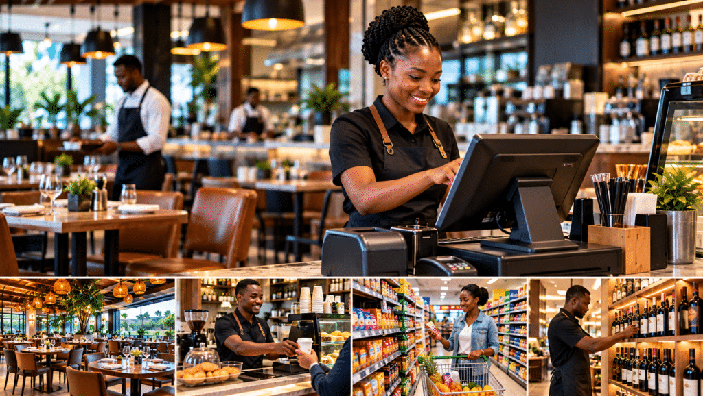 modern hospitality pos and retail scene collage
